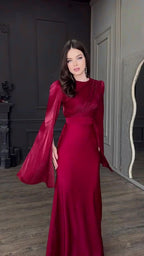 Autumn Patchwork Glass Veil Long Sleeve Satin Slim Dress