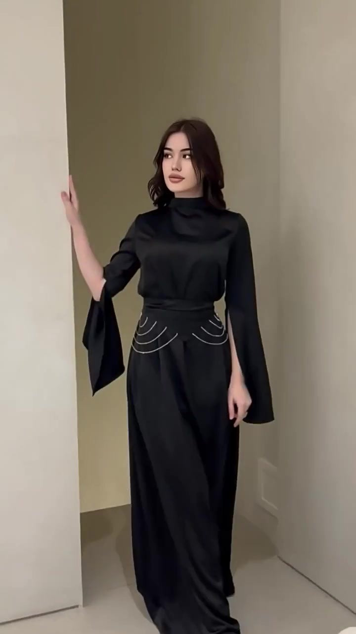 Spring New Cross-Border Palace Style Satin Waist-Cinching Elegant Half-High Collar Long Sleeve Dress