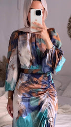 Autumn New Pleated Waist Slimming Exotic Style Long Sleeve Mid-Length Dress for Women