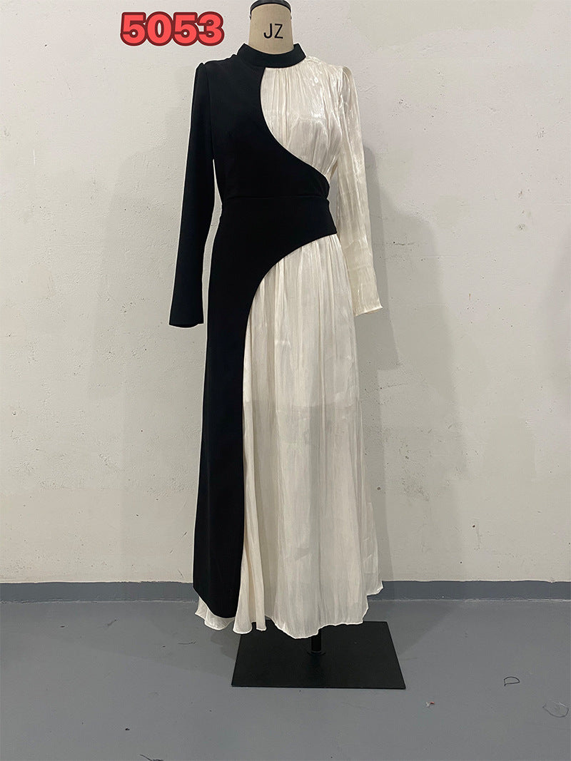 Round Neck Color Block Long Sleeve Slim Fit Belted Vintage Dress