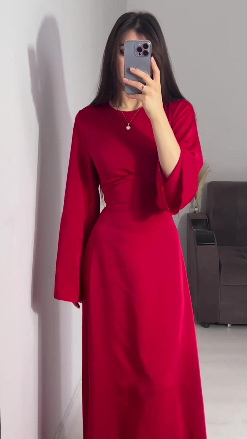 Spring New Waist-Cinching Slimming Tie Solid Color Long Sleeve Long Dress Elegant Women's Dress