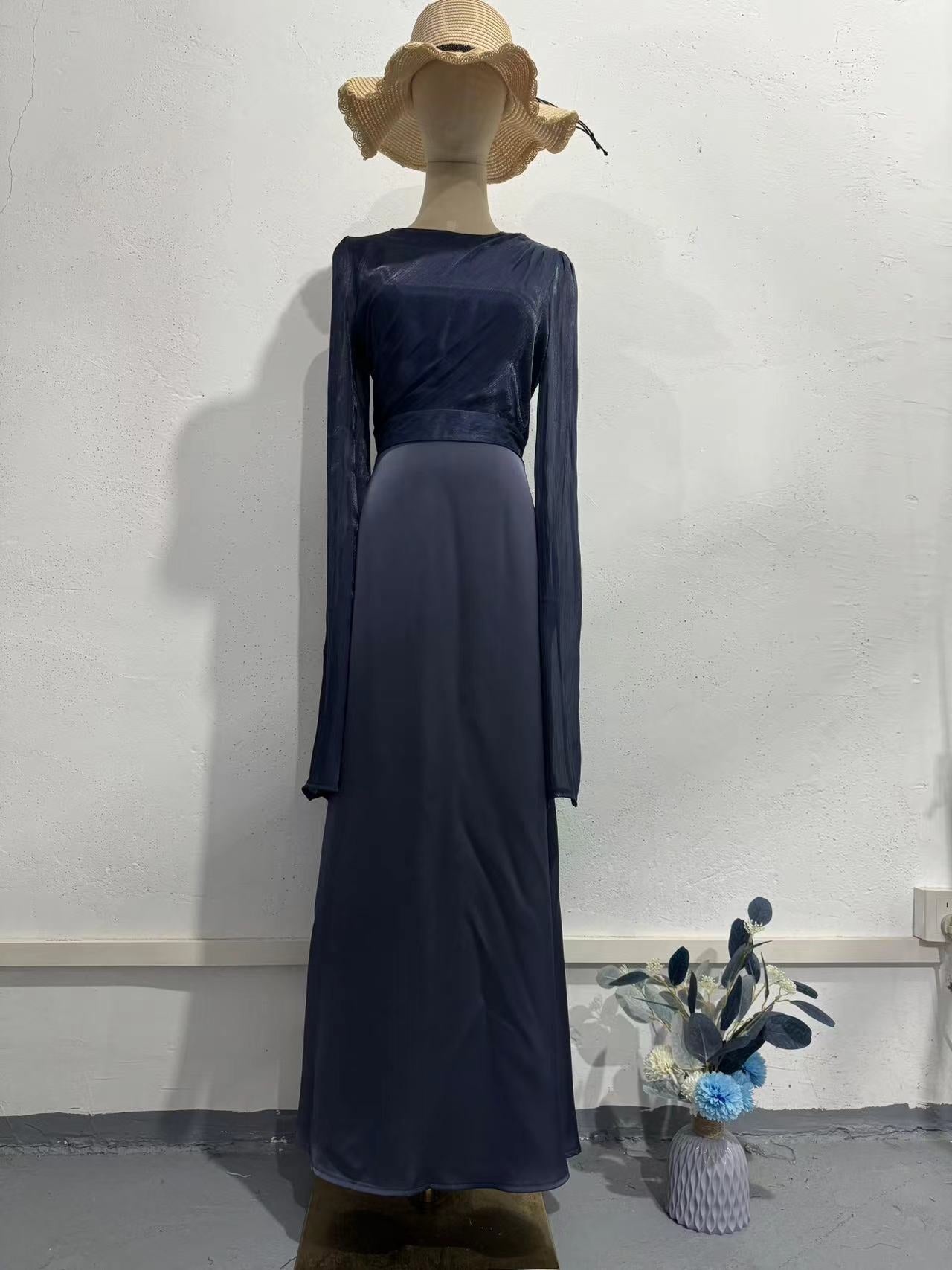 Summer Patchwork Glass Veil Long Sleeve Satin Slim Dress