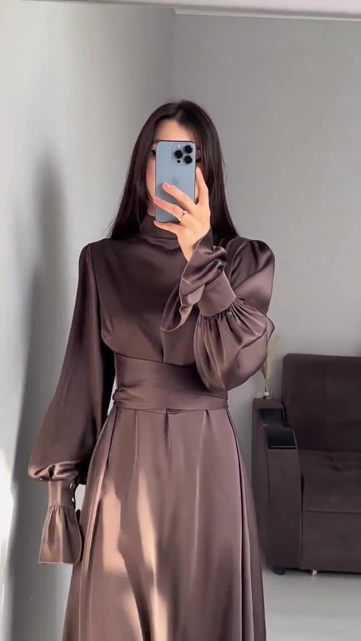 Autumn New Long Sleeve Waist Cinched Puff Sleeve Solid Color Fairy Style Dress
