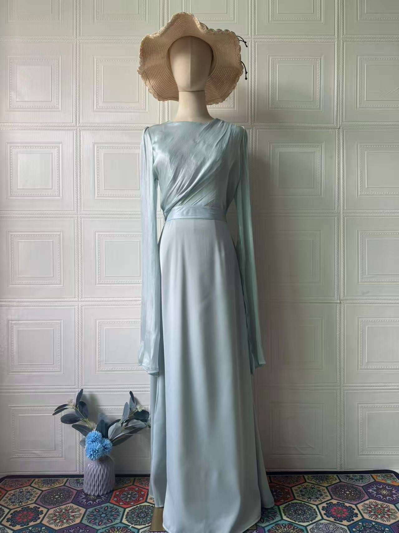 Summer Patchwork Glass Veil Long Sleeve Satin Slim Dress