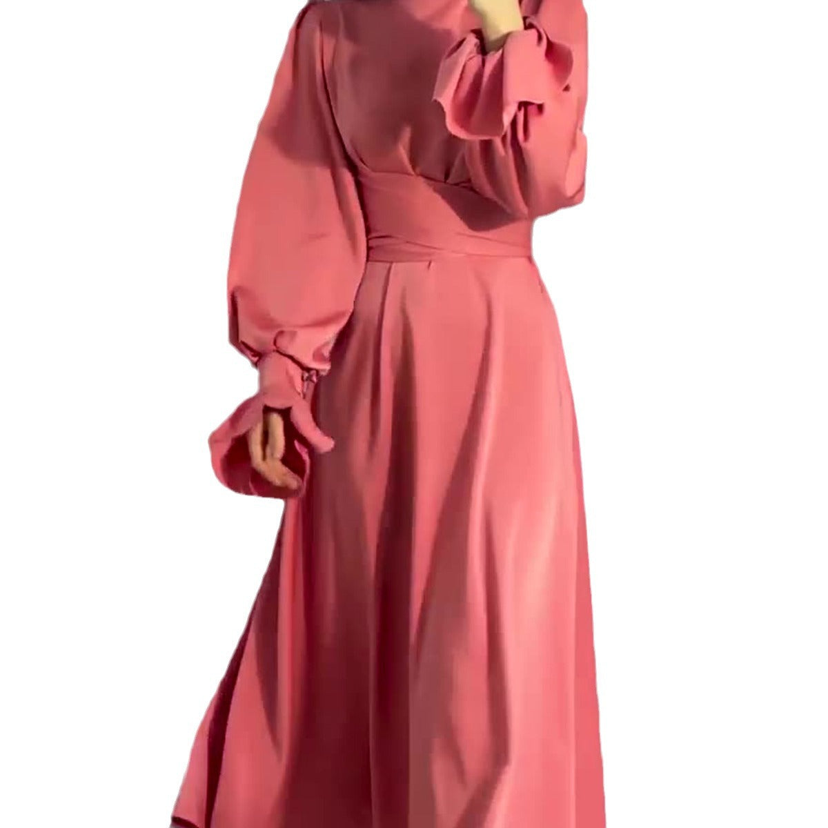 Autumn New Long Sleeve Waist Cinched Puff Sleeve Solid Color Fairy Style Dress