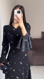 Spring New Ruffle Sleeve Waist-Cinching Floral Gentle Style Long Dress