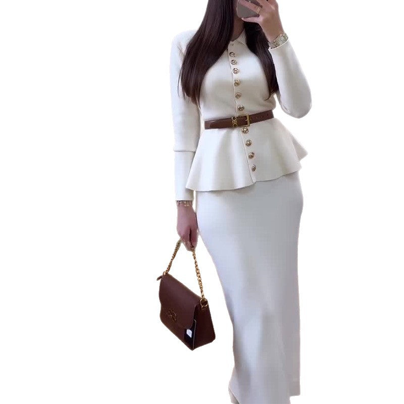 Women's Single-Breasted Long-Sleeve Belted Knitted White Suit