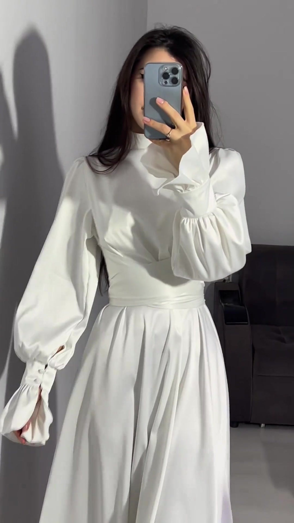 Autumn New Long Sleeve Waist Cinched Puff Sleeve Solid Color Fairy Style Dress