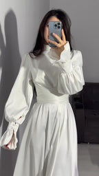 Autumn New Long Sleeve Waist Cinched Puff Sleeve Solid Color Fairy Style Dress