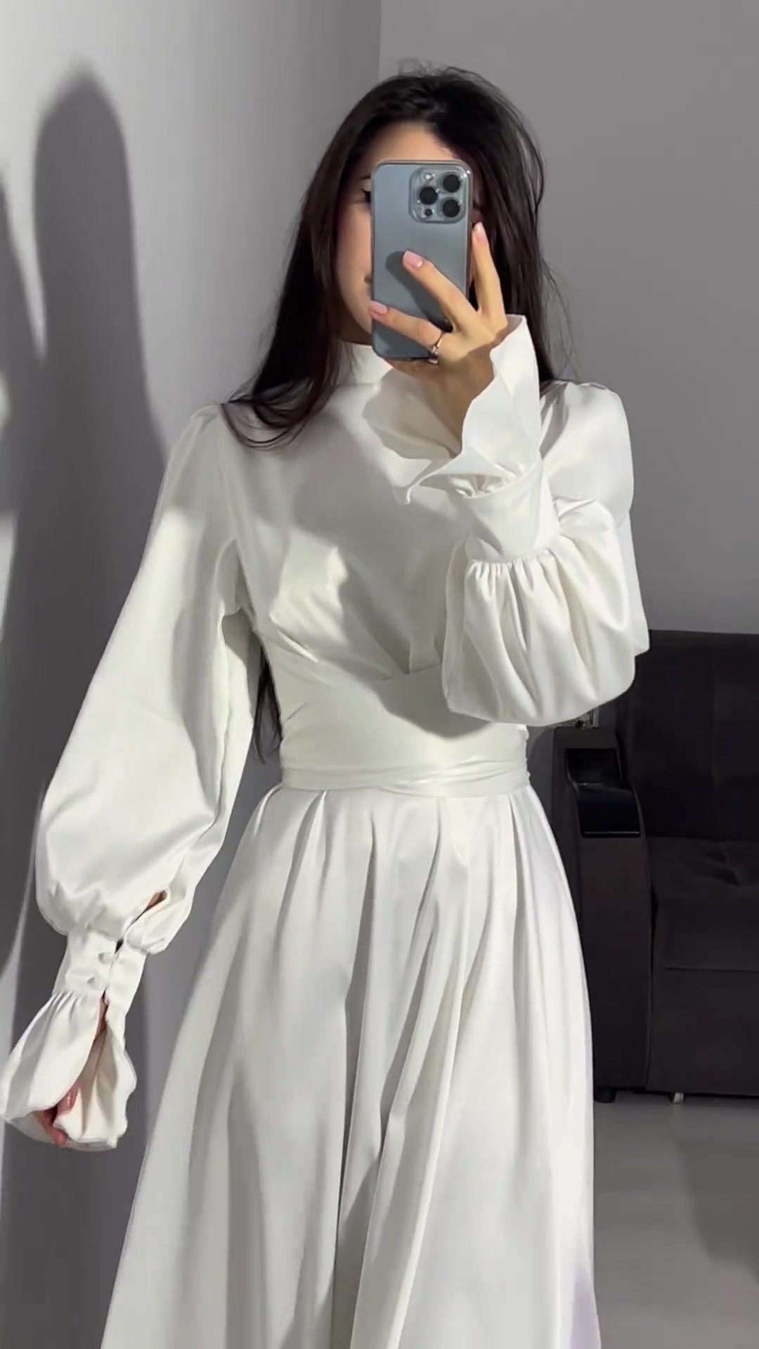 Autumn New Long Sleeve Waist Cinched Puff Sleeve Solid Color Fairy Style Dress