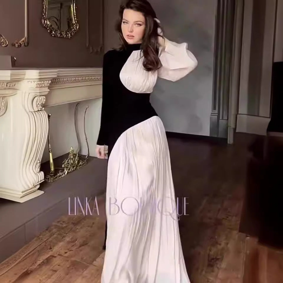 Round Neck Color Block Long Sleeve Slim Fit Belted Vintage Dress