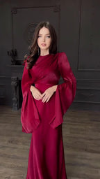 Autumn Patchwork Glass Veil Long Sleeve Satin Slim Dress