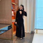 2025 Spring Summer Round Neck Patchwork Lace Long Sleeve Slim Fit Elegant Vintage Dress 