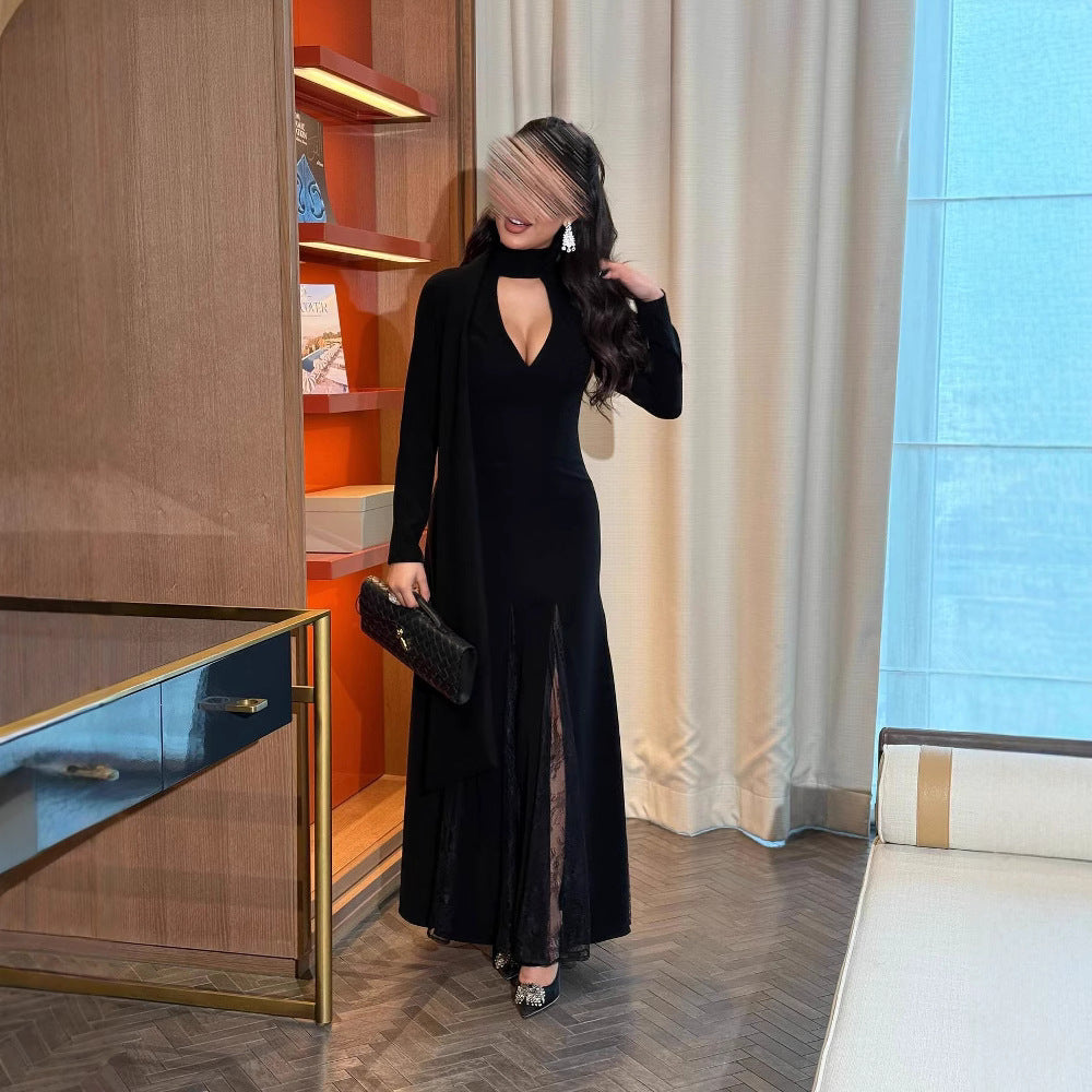 2025 Spring Summer Round Neck Patchwork Lace Long Sleeve Slim Fit Elegant Vintage Dress