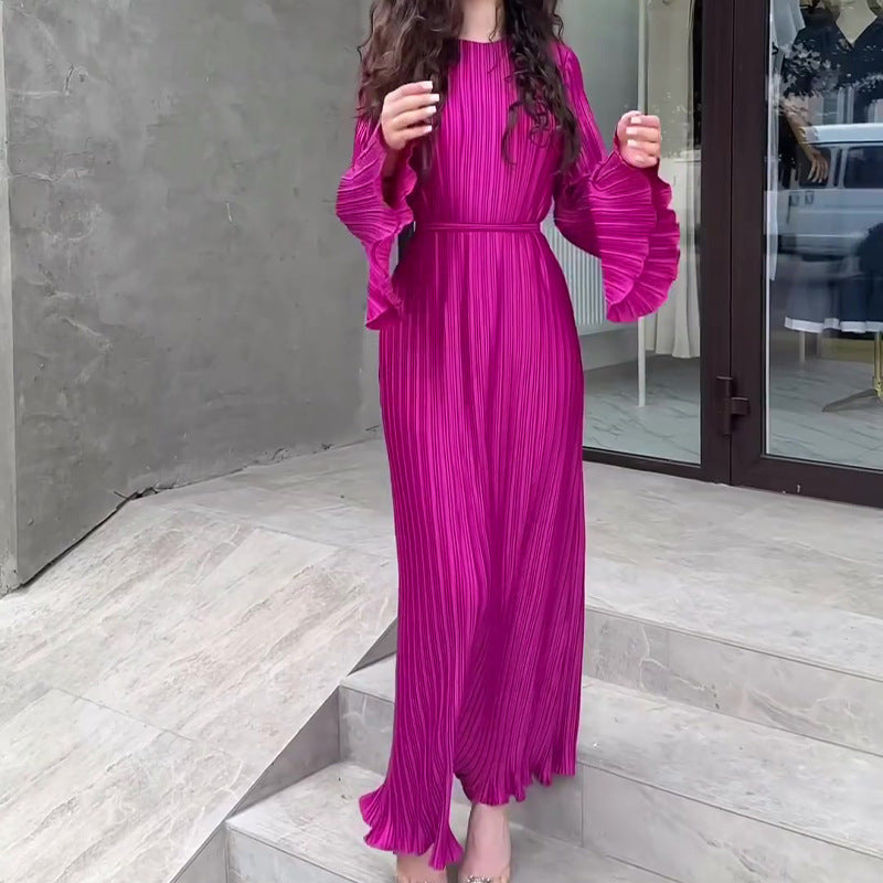 Women's Autumn New Long Dress Elegant Pleated Flared Sleeve Mid-Length Dress