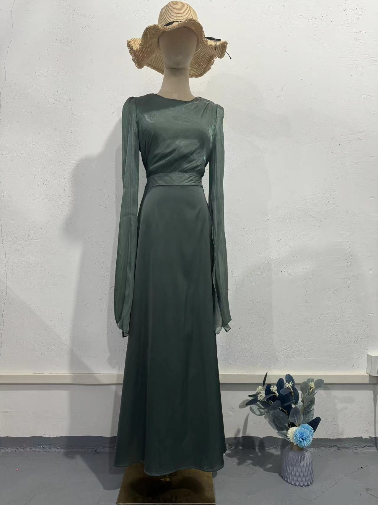 Summer Patchwork Glass Veil Long Sleeve Satin Slim Dress