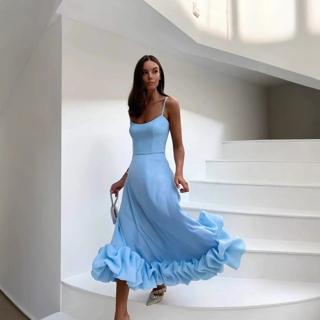 Spring Summer Women's New Fashion Strap Large Hem Three-Dimensional Flower A-Line Dress