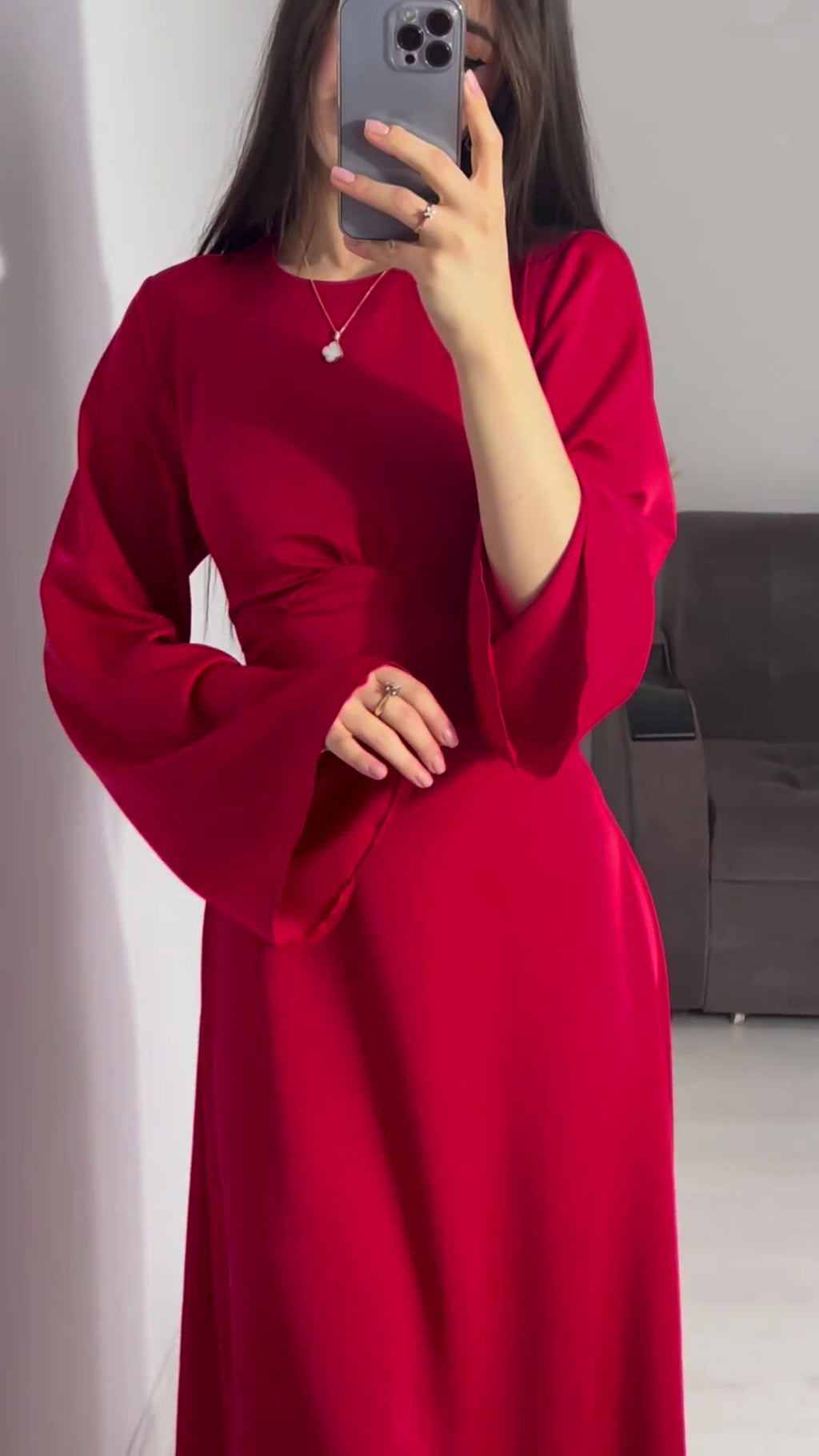 Spring New Waist-Cinching Slimming Tie Solid Color Long Sleeve Long Dress Elegant Women's Dress