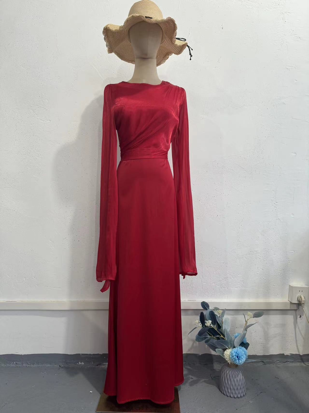 Autumn Patchwork Glass Veil Long Sleeve Satin Slim Dress