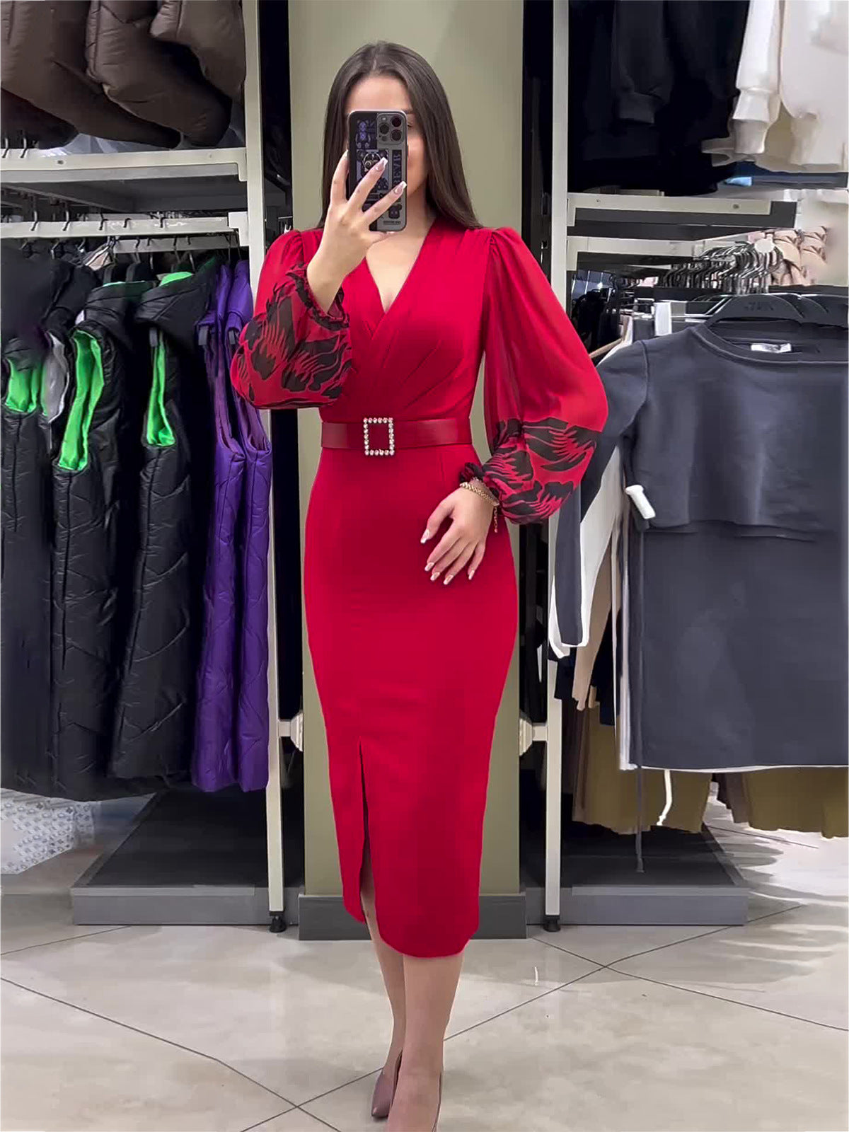 Women's V-neck Long Sleeve Printed Slim Waist Belt Split Dress