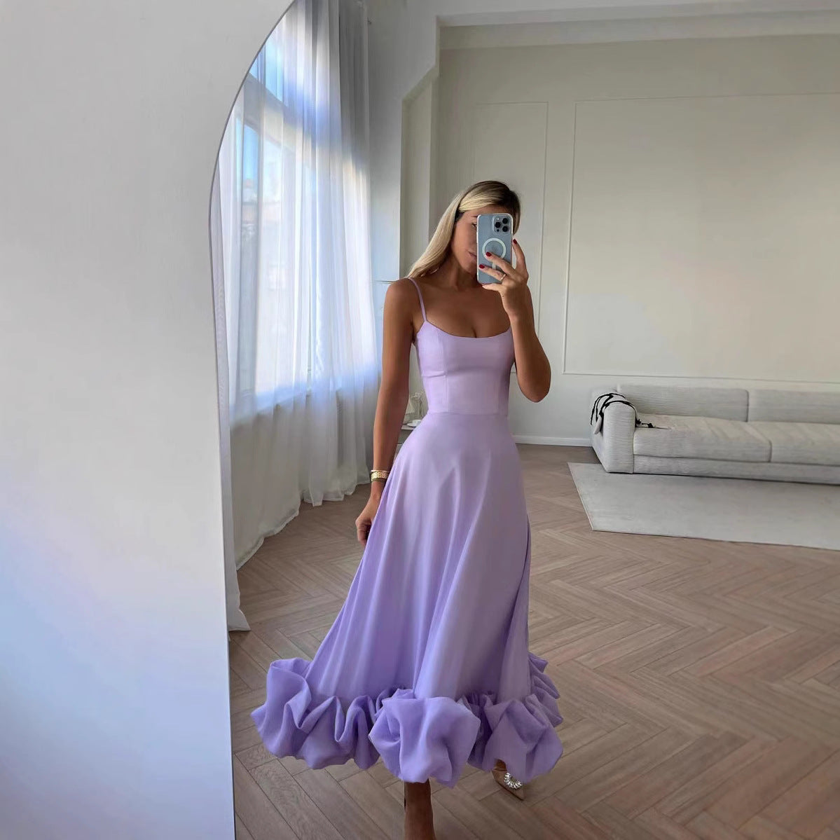 Spring Summer Women's New Fashion Strap Large Hem Three-Dimensional Flower A-Line Dress