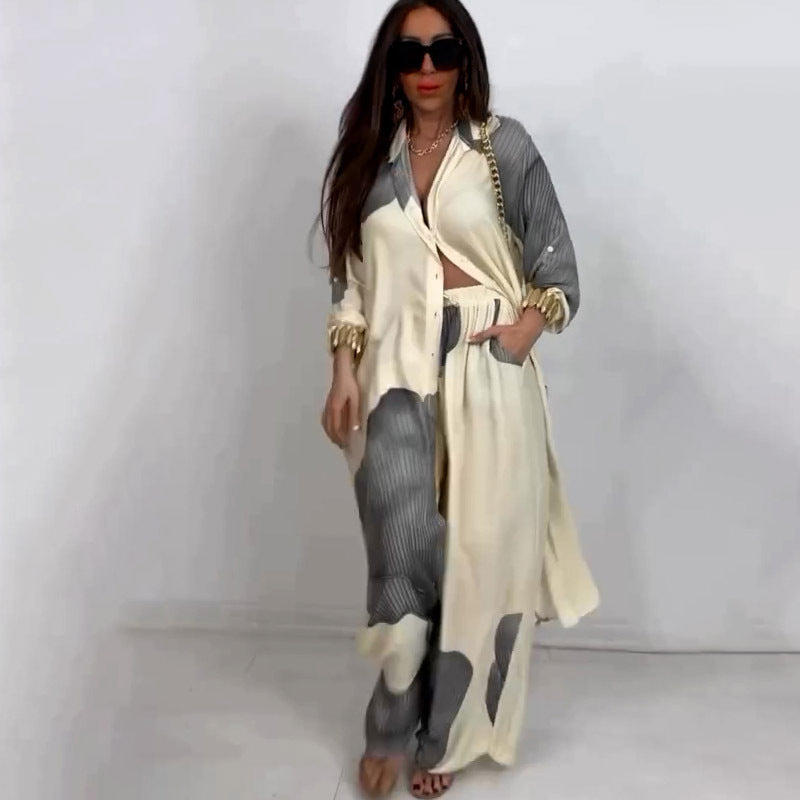 Elegant Sexy Printed Mid-Length Top and Wide-Leg Pants Two-Piece Set