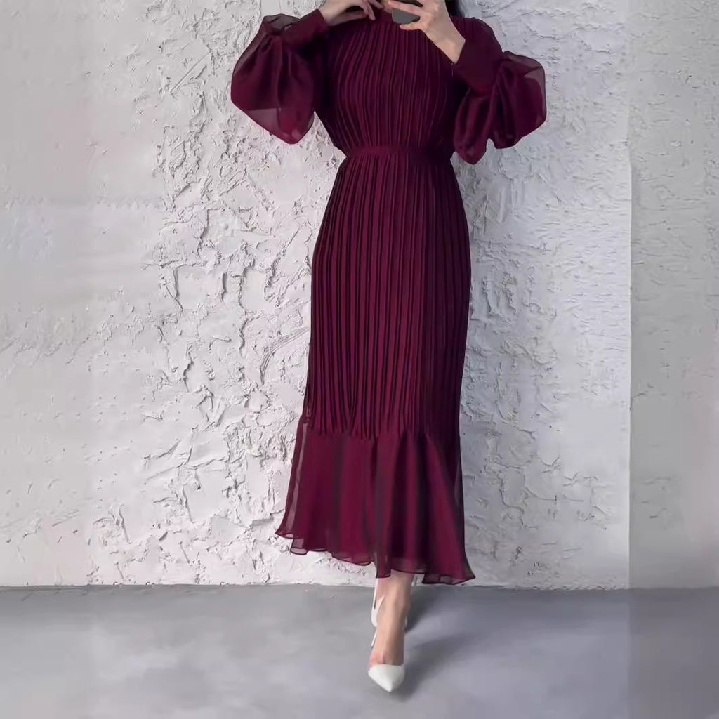 Elegant Mature Women's Spring New Cross-Border Long Pleated Dress