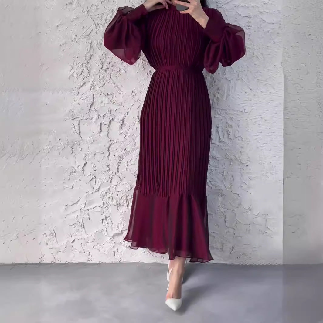 Elegant Mature Women's Spring New Cross-Border Long Pleated Dress