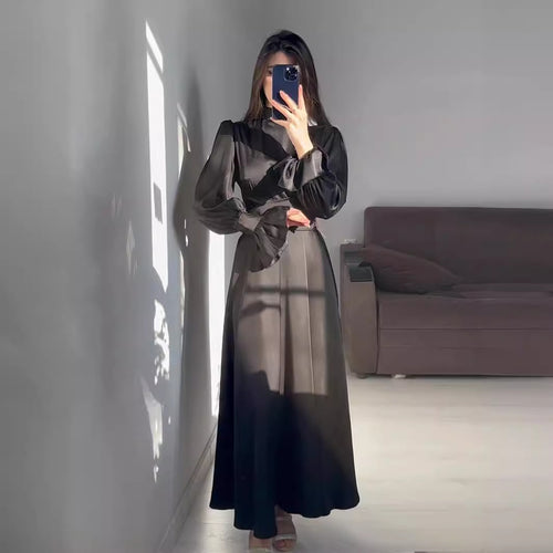 Autumn New Long Sleeve Waist Cinched Puff Sleeve Solid Color Fairy Style Dress 