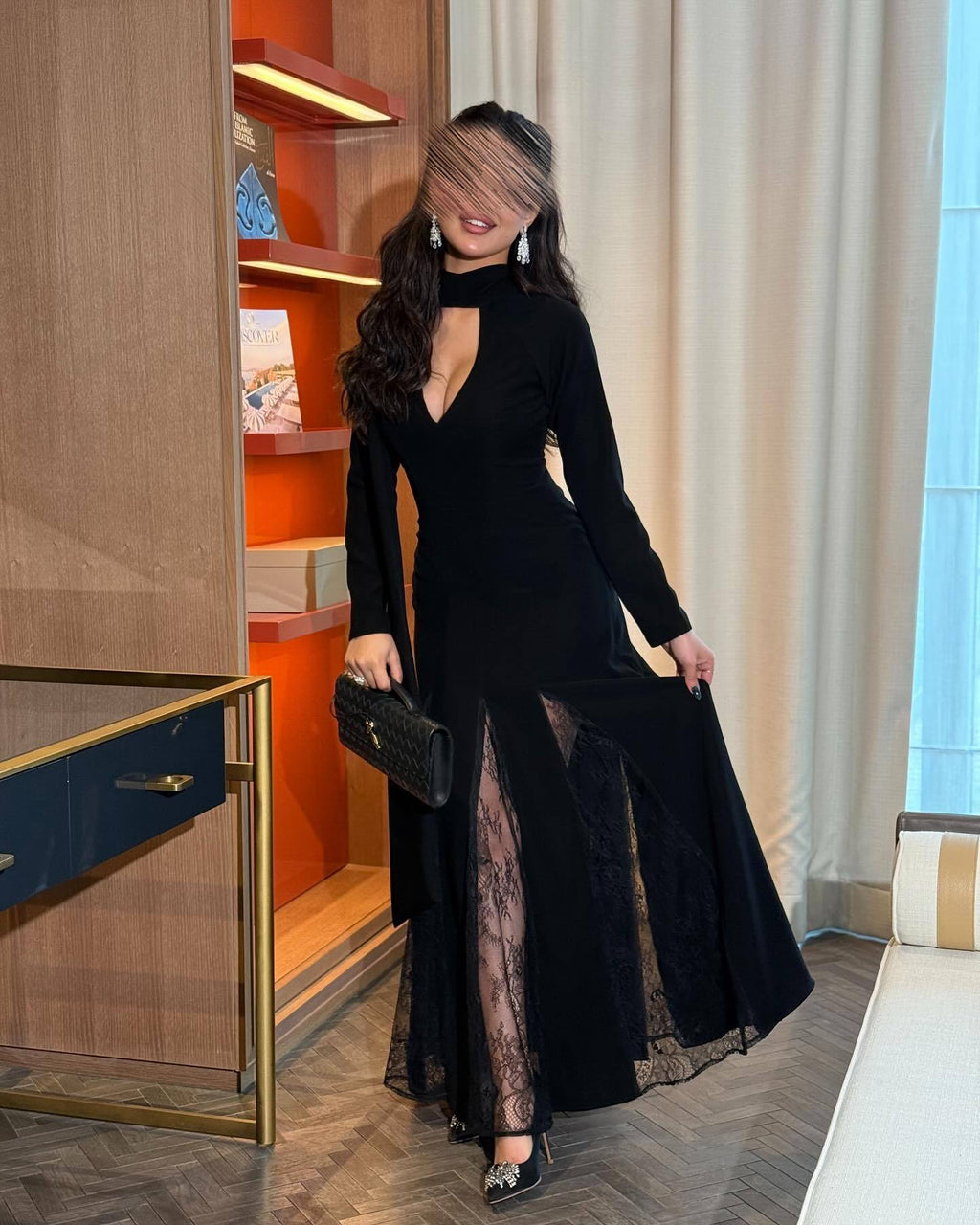 2025 Spring Summer Round Neck Patchwork Lace Long Sleeve Slim Fit Elegant Vintage Dress 