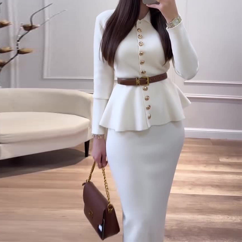 Women's Single-Breasted Long-Sleeve Belted Knitted White Suit