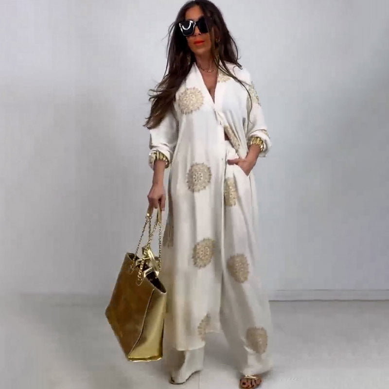 Elegant and Sexy V-neck Top + Printed Wide-leg Pants Two-piece Set