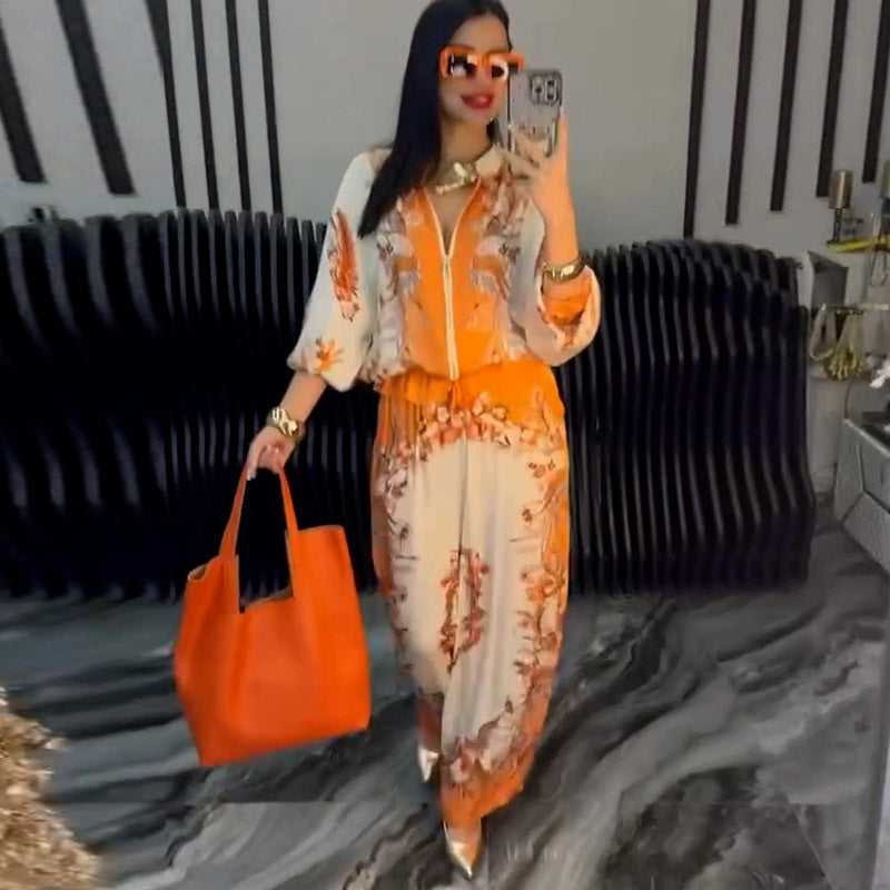 Fashion 3D Printed Floral Baseball Jacket and Drawstring Pants Two-Piece Set