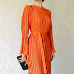 Women's Autumn New Long Dress Elegant Pleated Flared Sleeve Mid-Length Dress