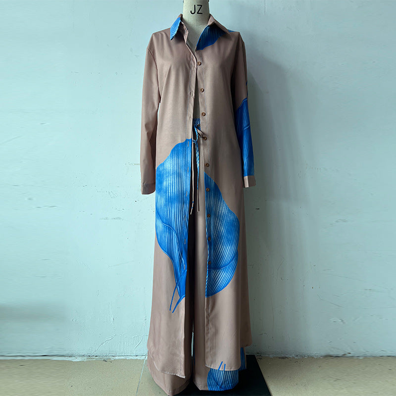 Elegant Sexy Printed Mid-Length Top and Wide-Leg Pants Two-Piece Set