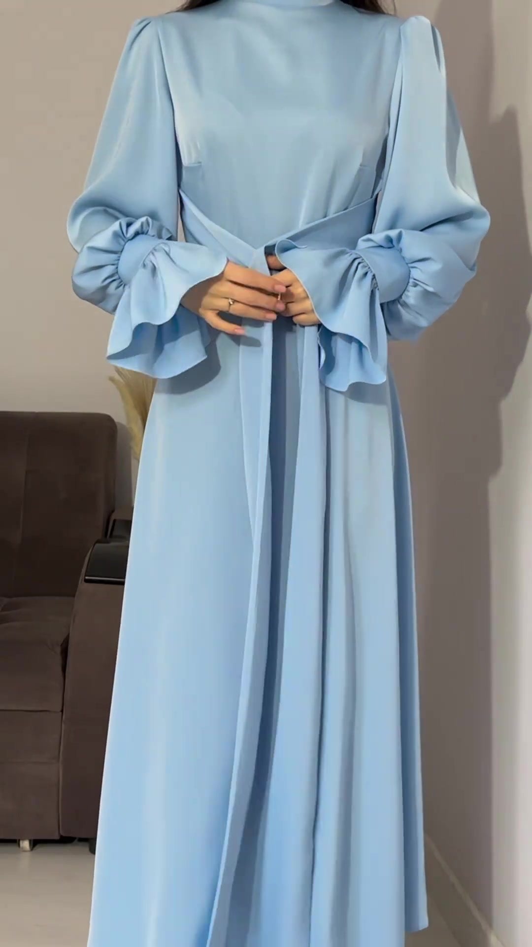 Autumn New Long Sleeve Waist Cinched Puff Sleeve Solid Color Fairy Style Dress