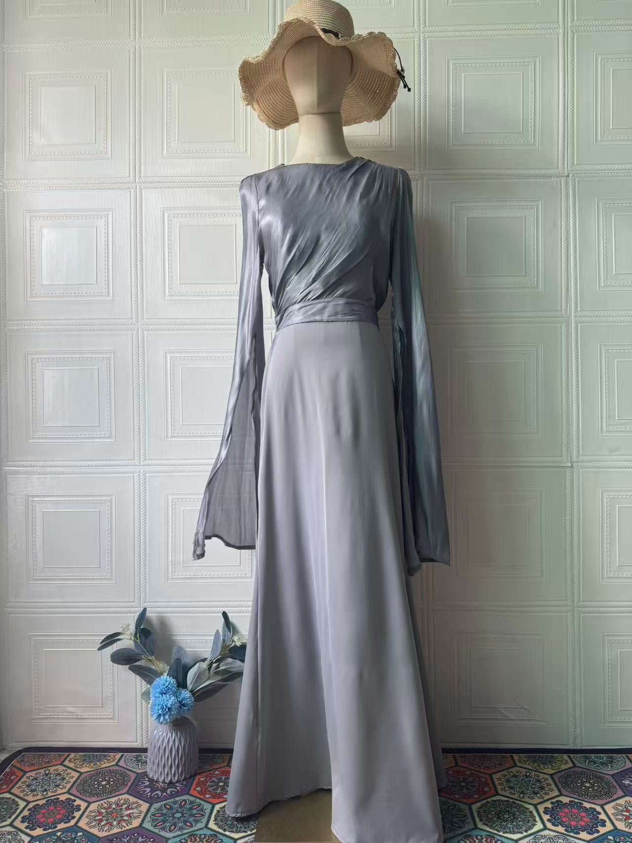 Summer Patchwork Glass Veil Long Sleeve Satin Slim Dress