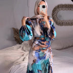 Autumn New Pleated Waist Slimming Exotic Style Long Sleeve Mid-Length Dress for Women