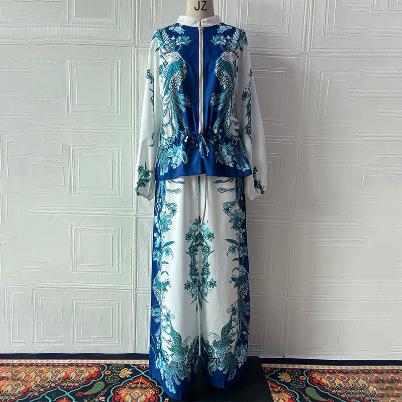 Fashion 3D Printed Floral Baseball Jacket and Drawstring Pants Two-Piece Set