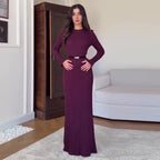 Women's Round Neck Long Sleeve Belted Waist Knitted Dress