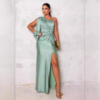 Women's Asymmetrical Neck Raglan Sleeve Ruched Waist Split Sexy Long Dress