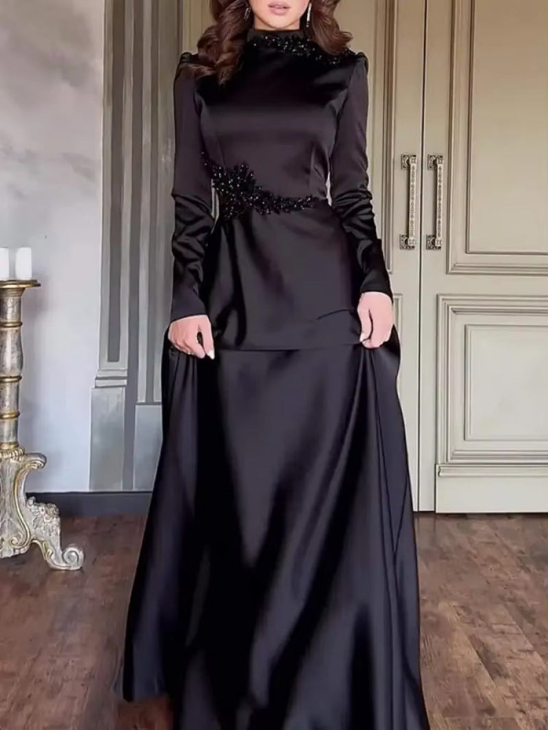 2025 Spring Solid Color Long Sleeve Slim Fit Lace Vintage Elegant Dress Gown 