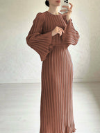 Women's Autumn New Long Dress Elegant Pleated Flared Sleeve Mid-Length Dress