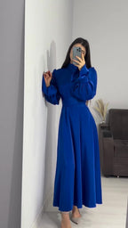 Autumn New Long Sleeve Waist Cinched Puff Sleeve Solid Color Fairy Style Dress