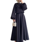 Autumn New Middle East Flower Lantern Sleeve Loose Dress Women's Dress Set Two-Piece Set