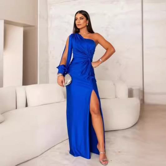 Women's Asymmetrical Neck Raglan Sleeve Ruched Waist Split Sexy Long Dress