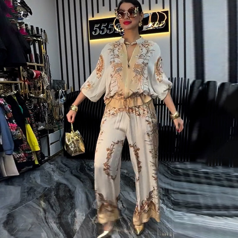 Fashion 3D Printed Floral Baseball Jacket and Drawstring Pants Two-Piece Set