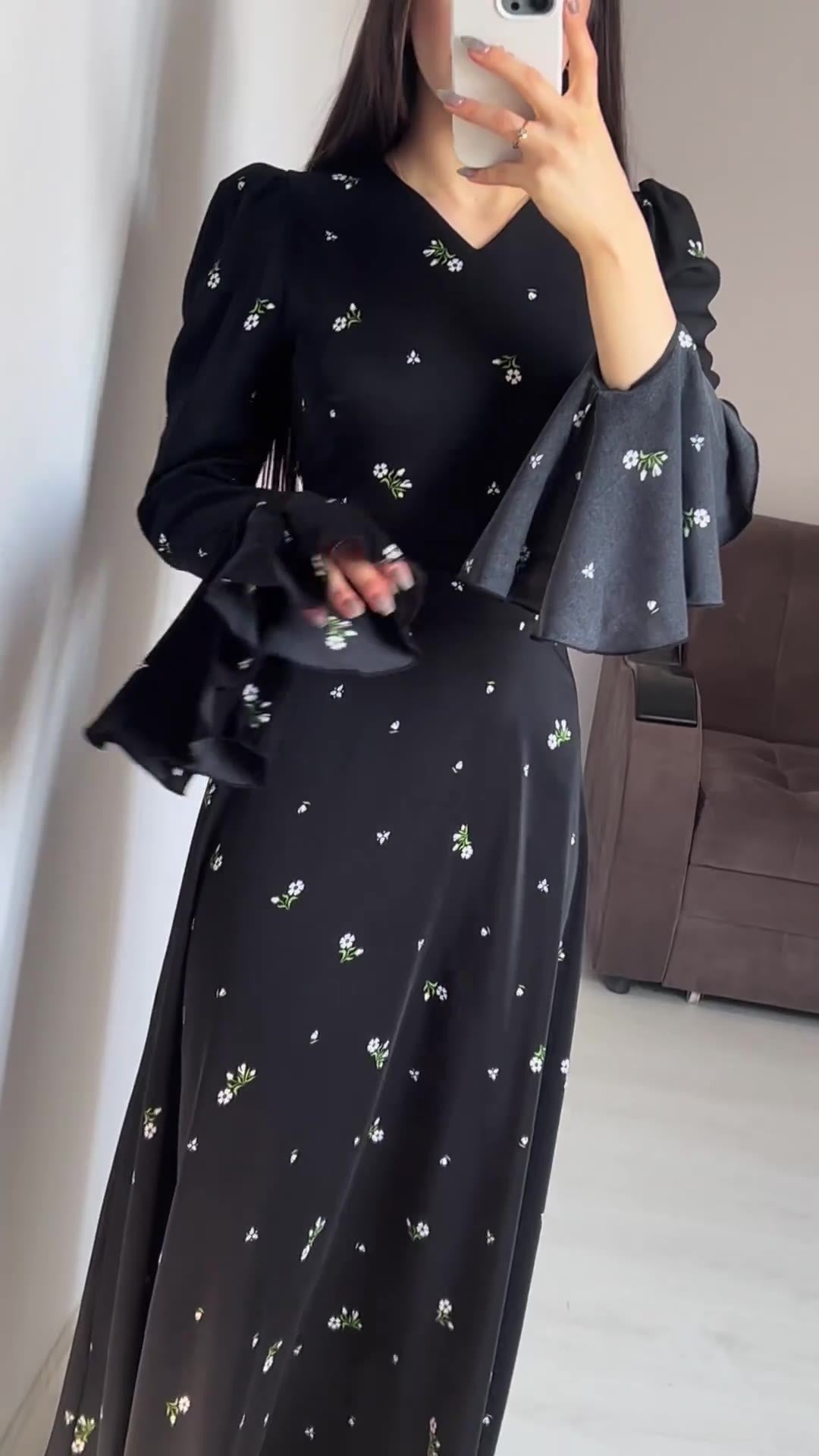 Spring New Ruffle Sleeve Waist-Cinching Floral Gentle Style Long Dress