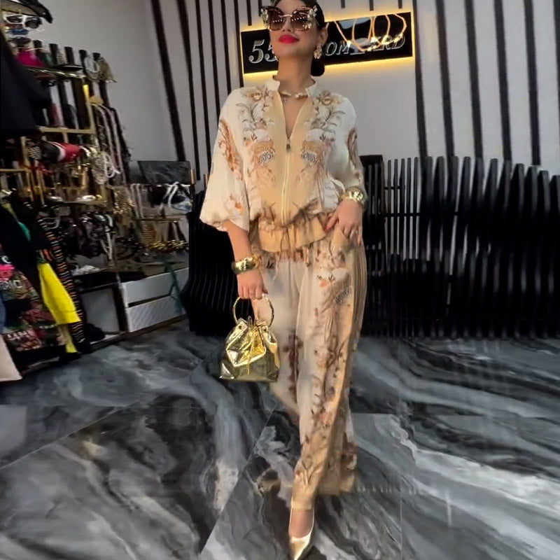 Fashion 3D Printed Floral Baseball Jacket and Drawstring Pants Two-Piece Set